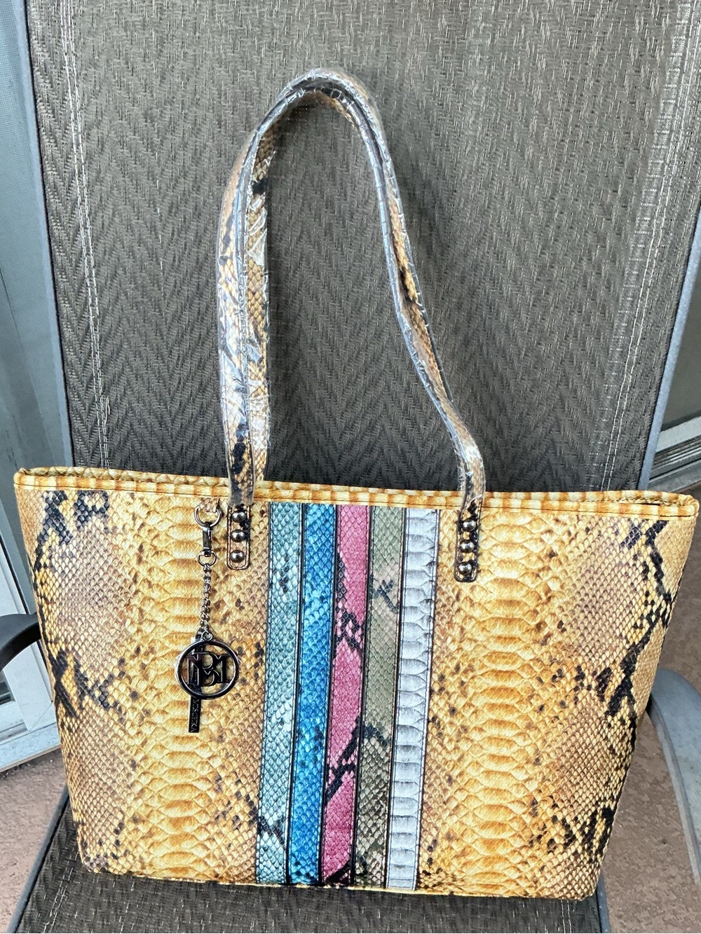 Badgley Mischka Mustard Stripes Snake-Print Tote Bag
